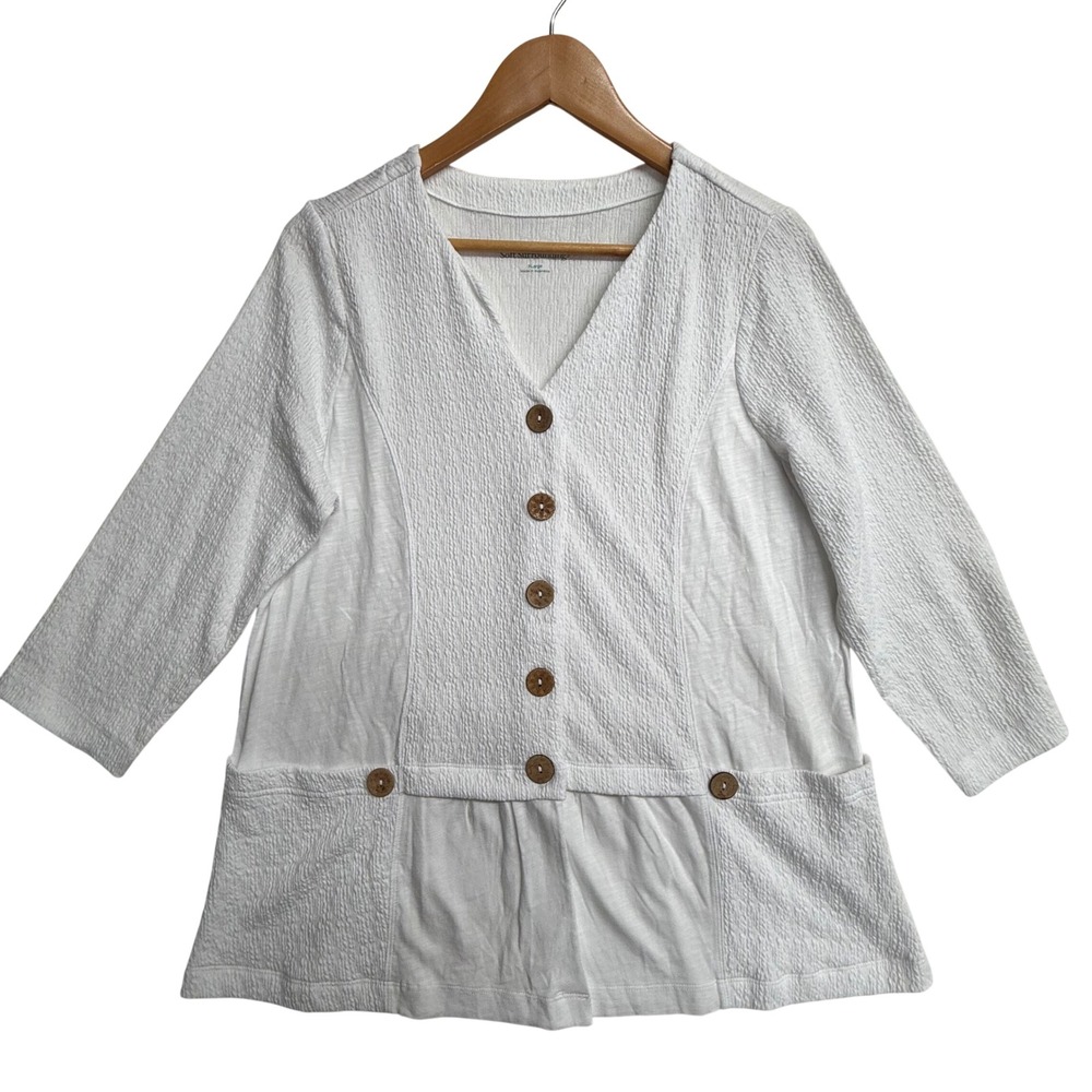 Soft Surroundings XL White Textured Peplum Top 3/4 Sleeve Button Front Pockets